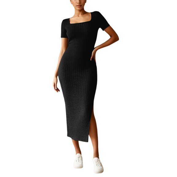 SJLDQY Womens Casual Knit Dress Short Sleeve Dresses for Women A Line Solid Color Slit Spring Fall Bodycon Dress