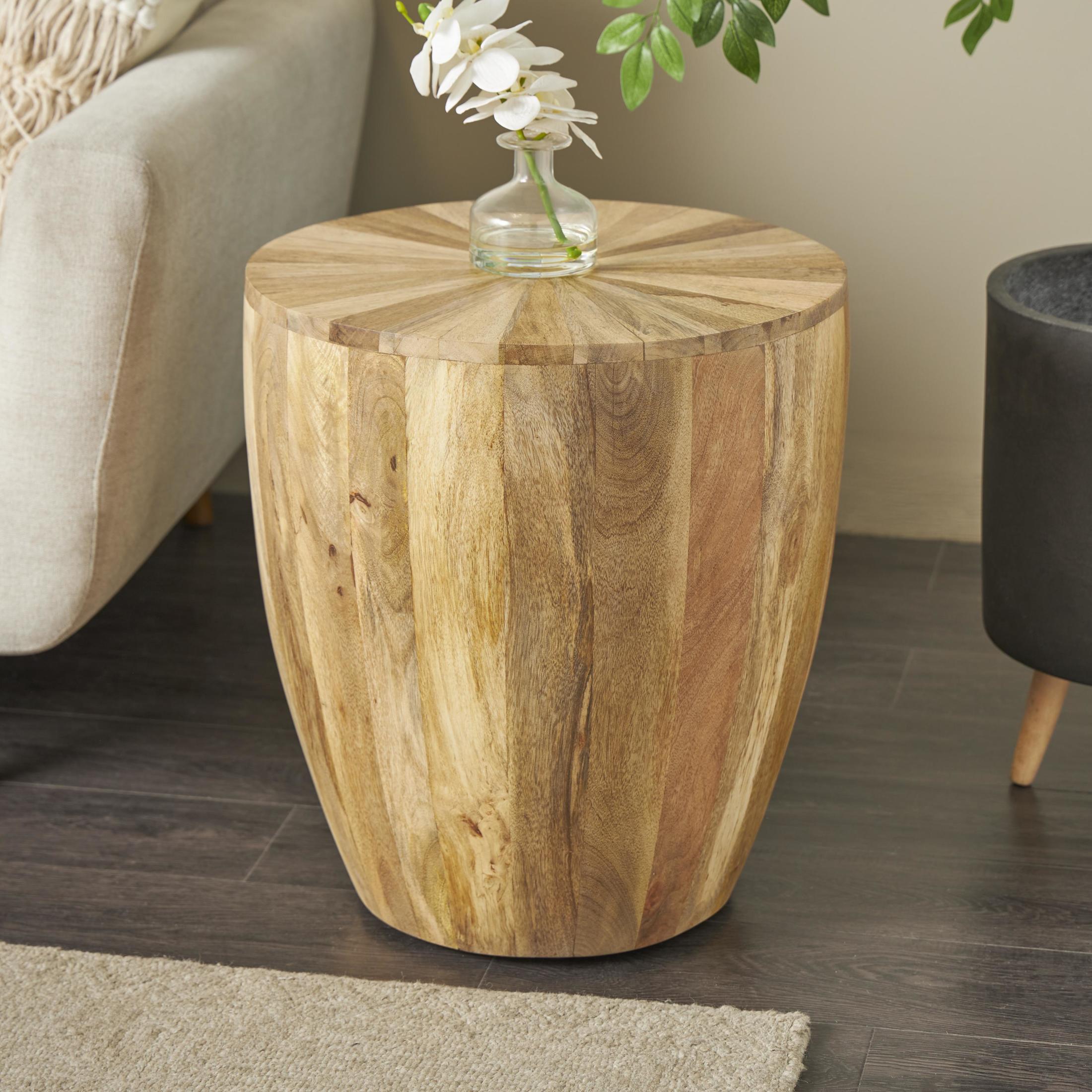 DecMode 18" x 20" Brown Mango Wood Handmade Drum Accent Table, 1-Piece