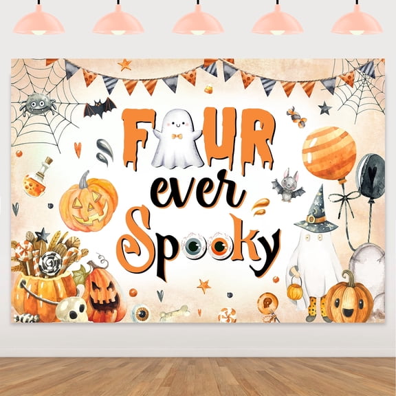 BrandName 4th Birthday Halloween Backdrop 5 x 3 ft Orange and Black Vinyl Background Cloth Four Ever Spooky Party Decoration Photo Booth Banner Wall Decor for Kids Birthday Celebration