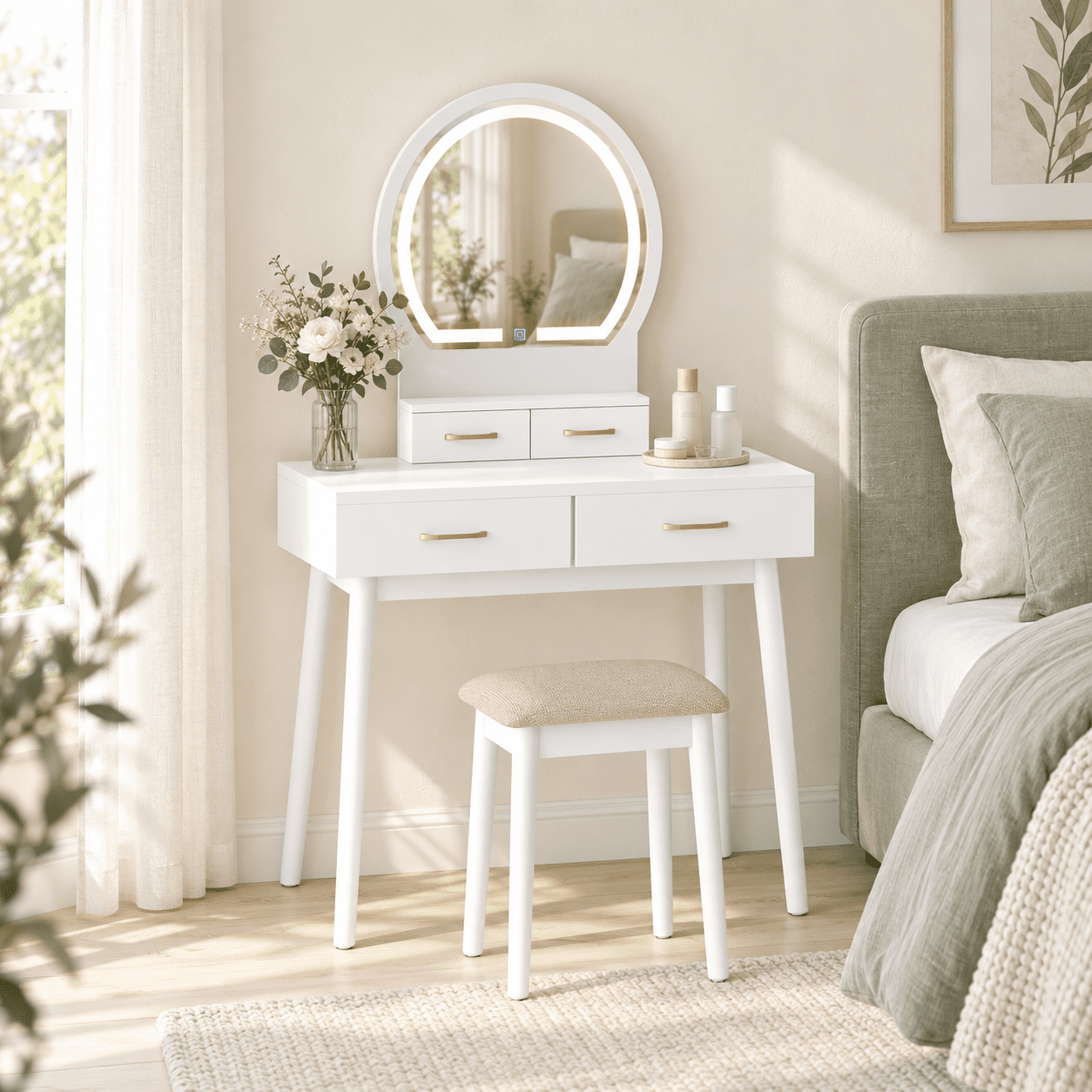 Furnibear Small Vanity Desk Set With LED Lighted Mirror and Cushioned Stool, Compact Makeup Dressing Table With 4 Drawers, White