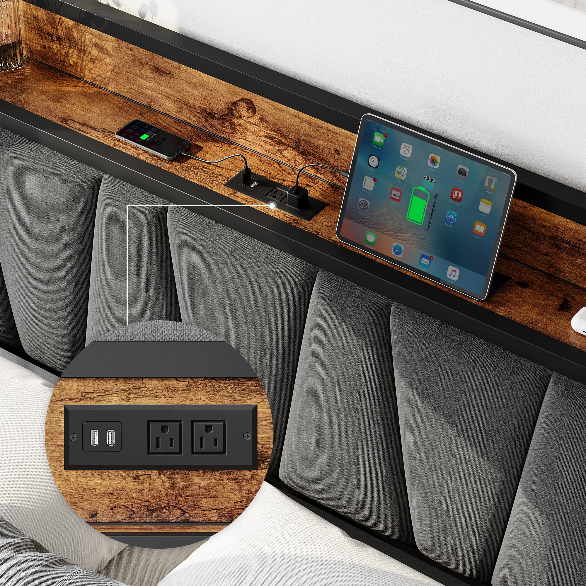 Platform Bed Frame with Storage and Charging Station​ - Vintage Brown Upholstered Bed with 4 Drawers. Quiet Heavy-Duty Metal Frame. king size