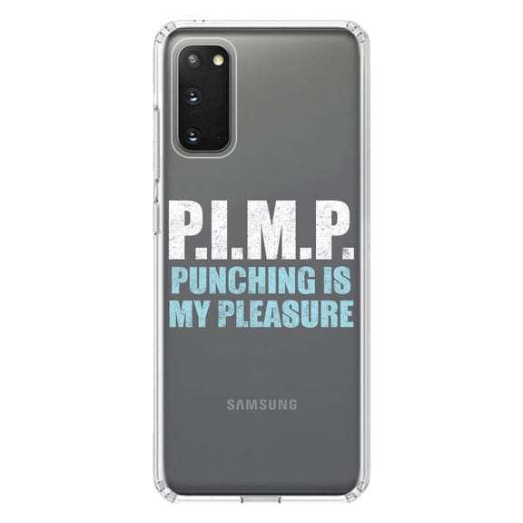 DistinctInk Clear Shockproof Hybrid Case for Galaxy S20 PLUS / 5G (6.7" Screen) - TPU Bumper Acrylic Back Tempered Glass Screen Protector - PIMP - Punching Is My Pleasure