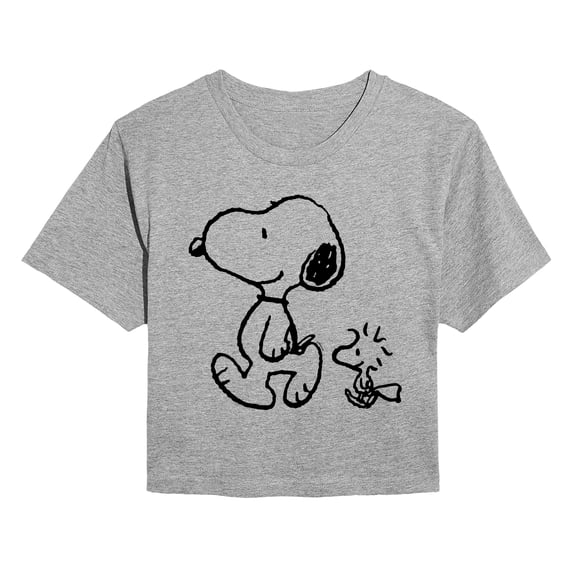 Peanuts - Snoopy & Woodstock Walk Black - Juniors Cropped Graphic T-Shirt