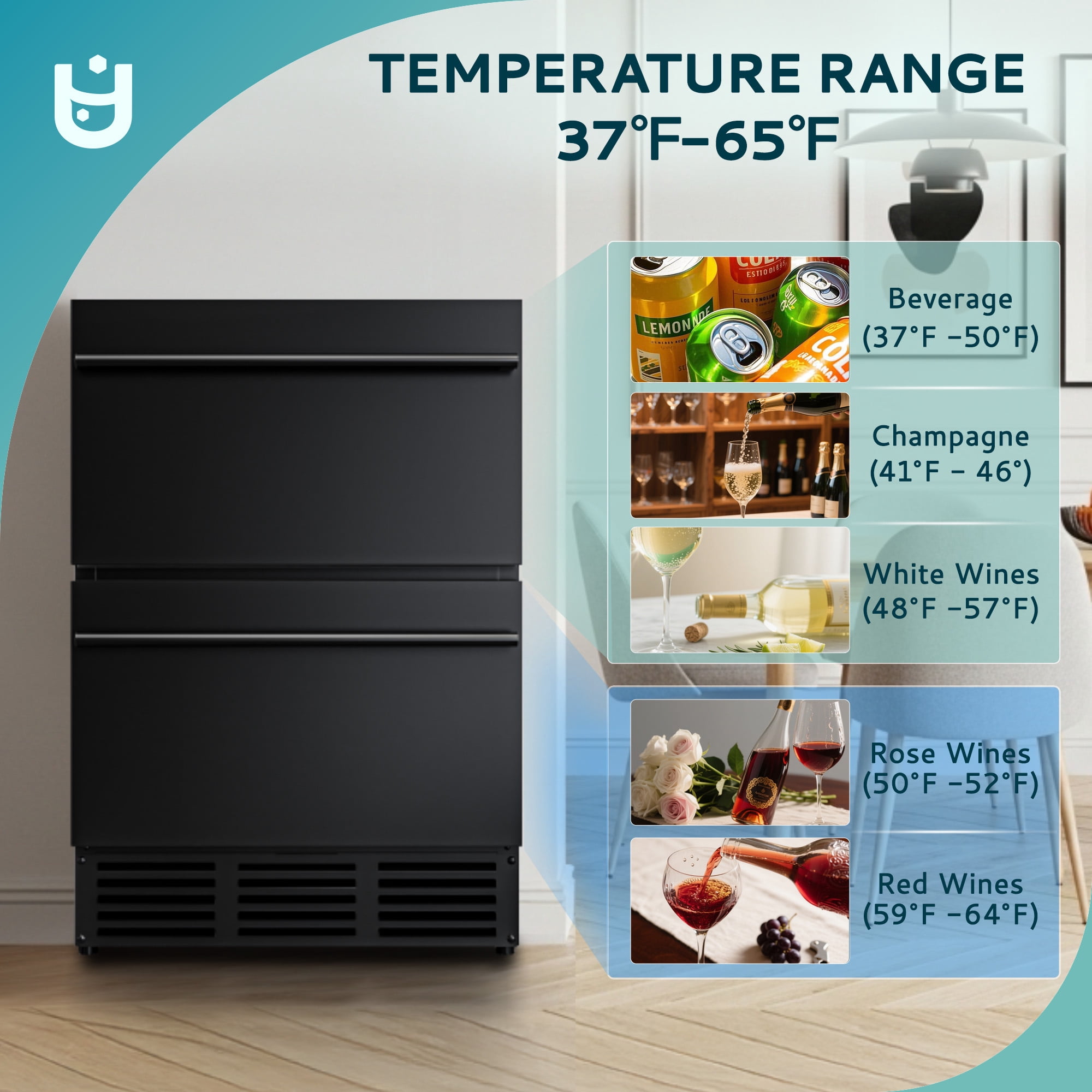EUHOMY 23.5 Inch Under Counter Double Drawer Fridge, Weather Proof Stainless Steel Outdoor Beverage Refrigerator for Patio, Built-in Beverage Fridge