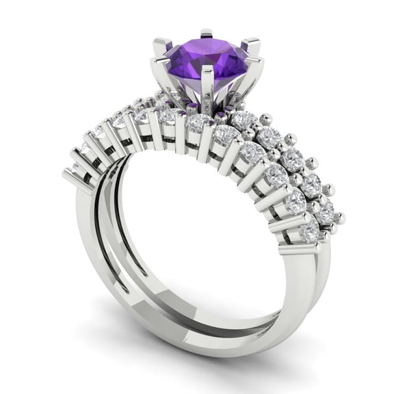 1.66 ct Brilliant Round Cut Natural Amethyst 18K White Gold Solitaire with Accents Engagement Bridal Wedding Ring Band Set size 3.5