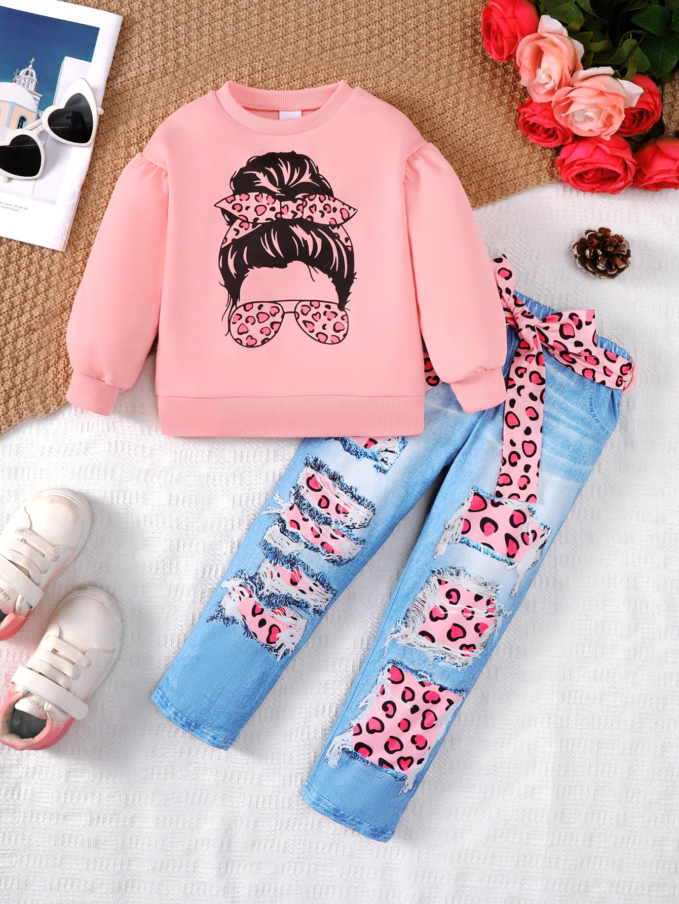 4T Baby Girls Clothes 4T Girls 2PCS Outfits Set Round Neck Toddler Girls Long Sleeve Top Pants Set Pink
