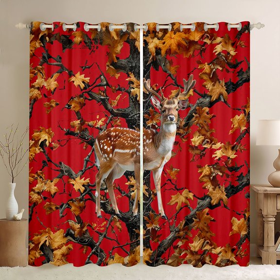 Feelyou Deer Curtains Pack of 2 (42x84 Each), Rustic Branches Red Curtains Blackout