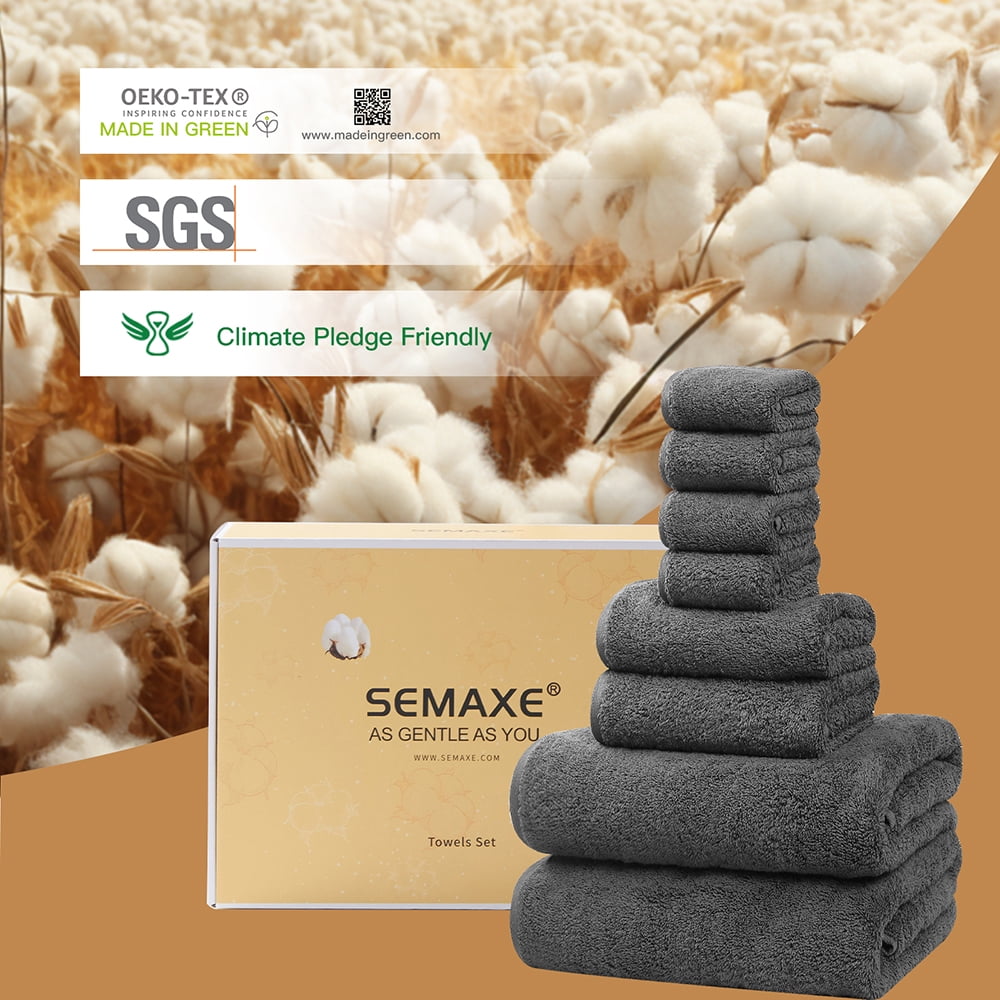 SEMAXE 100% Cotton Bath Towel Set Include 2 Bath Towels, 2 Hand Towels and 4 Washcloths (Gray)