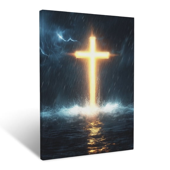CozyNet Cross Glowing Brightly In The Heart Of A Storm A Symbol Of Faith, Shining With Strength Wall Art Prints With Frame Canvas Perfect for Living Room & Bedroom, Ready to Hang, Wall Decor 16"x20"