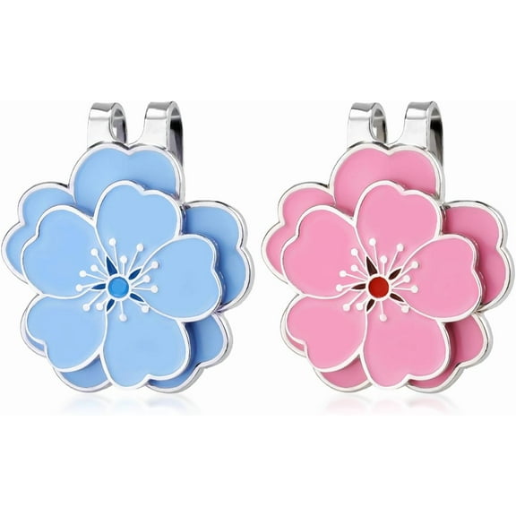Magnetic Golf Ball Marker with Hat Clip, Golf Marker Magnet Hat Clip Set Flower Shape Ball Bag Accessories for Women Men Golfer Gift (Blue, Pink)