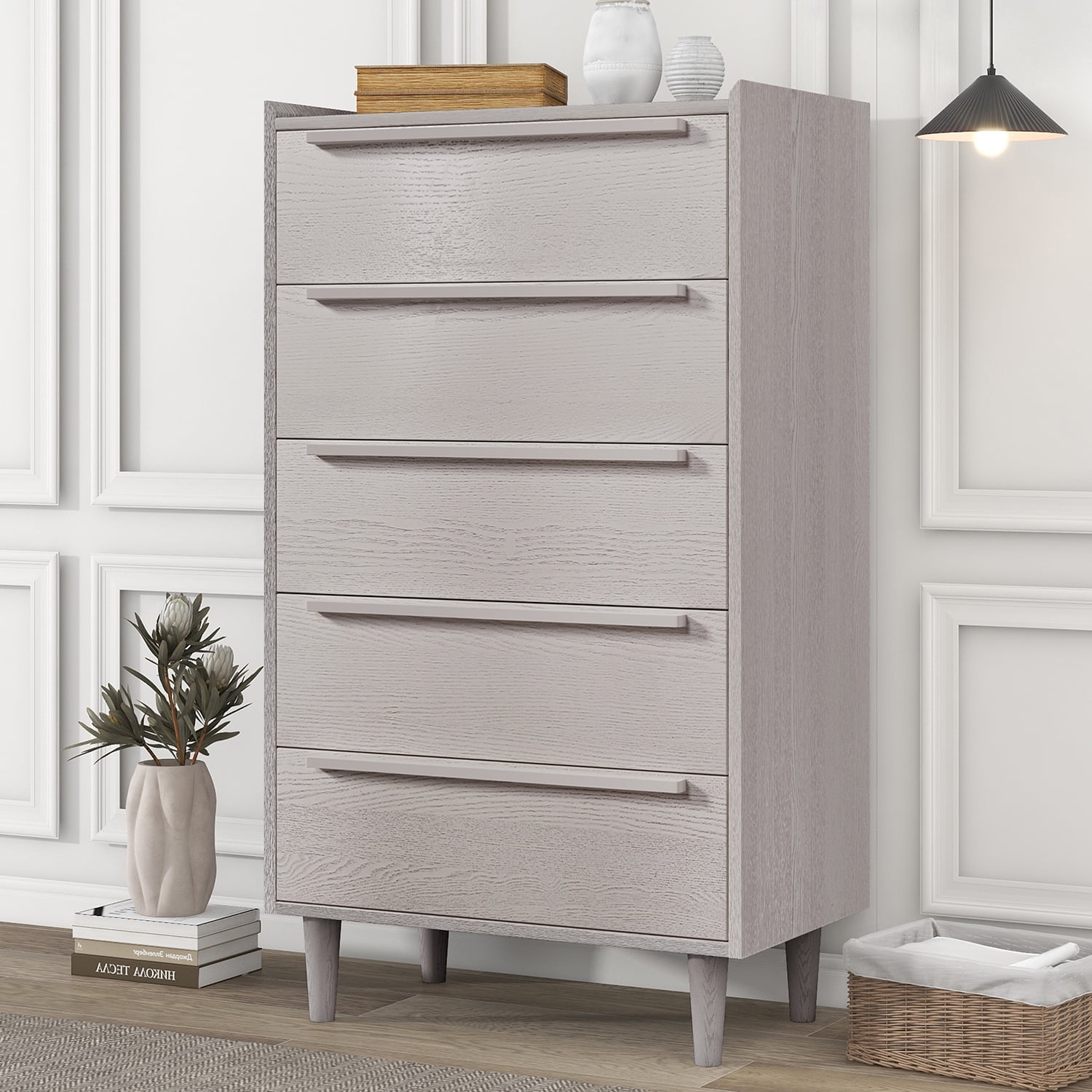Kadyn MDF Side Table, Modern Style Nightstand with 5-Drawer and Wood Legs, Bedside End Table for Bedroom, Stone Gray