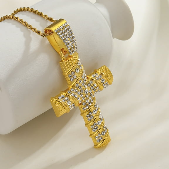 14K Yellow Gold Christian Rhinestones JESUS CROSS Pendant Necklaces for Women Men Golden Color Chain Amulet Necklace Jewelry