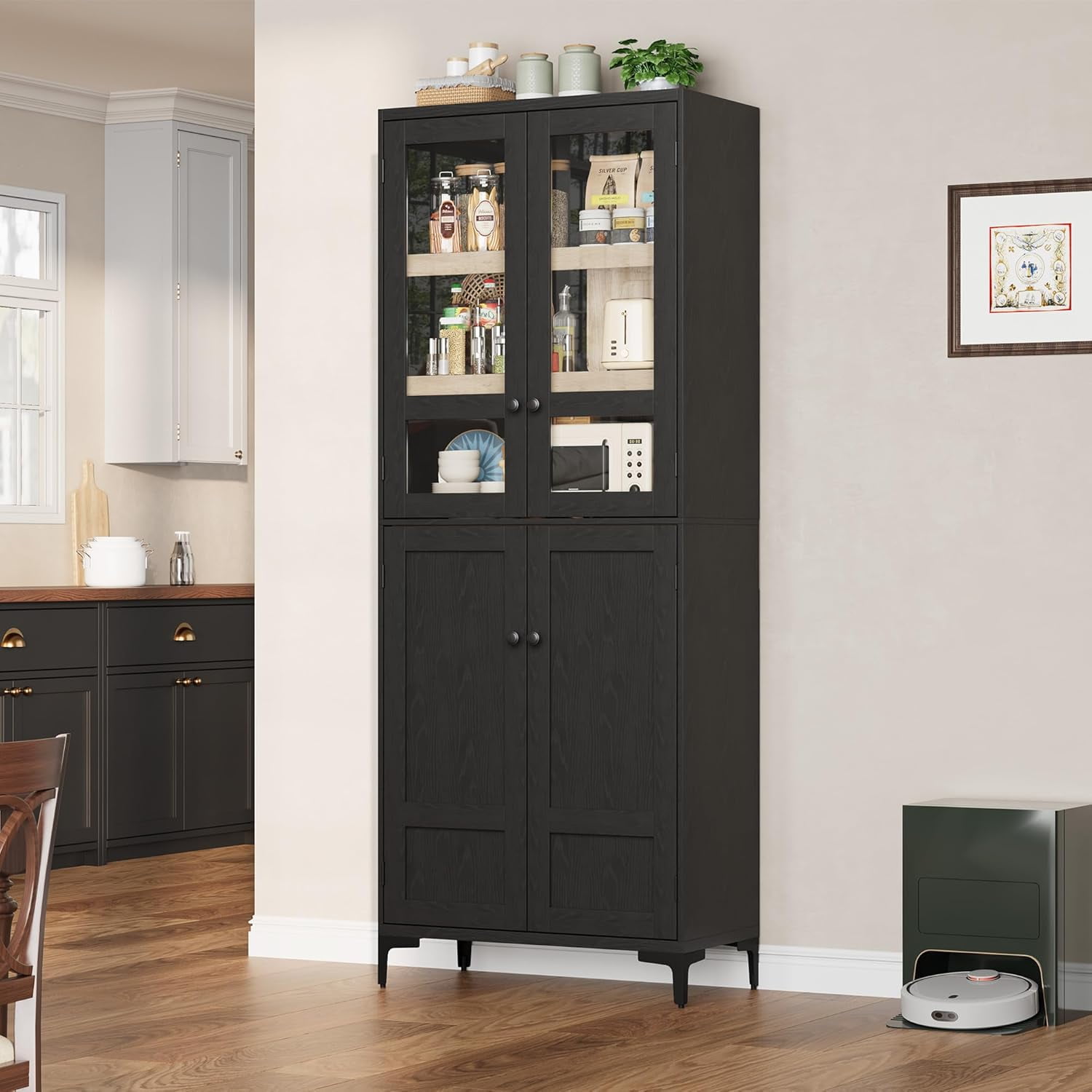 Hetoy 71-Inch Tall Storage Cabinet, Kitchen Food Cabinet, 5-Shelf Bathroom Cabinet, Glass Door with 4-Door Adjustable Shelves for Kitchen, Dining Room, Bathroom, Black