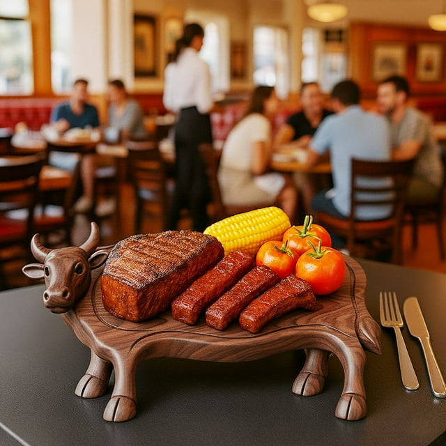 Handcrafted Solid Walnut Cow Shaped Serving Board Food Grade Natural Wood Grain Rounded Polished Edges for Steak BBQ Ribs Charcuterie Cheese Family Gathering Restaurant Dining Serving Tray