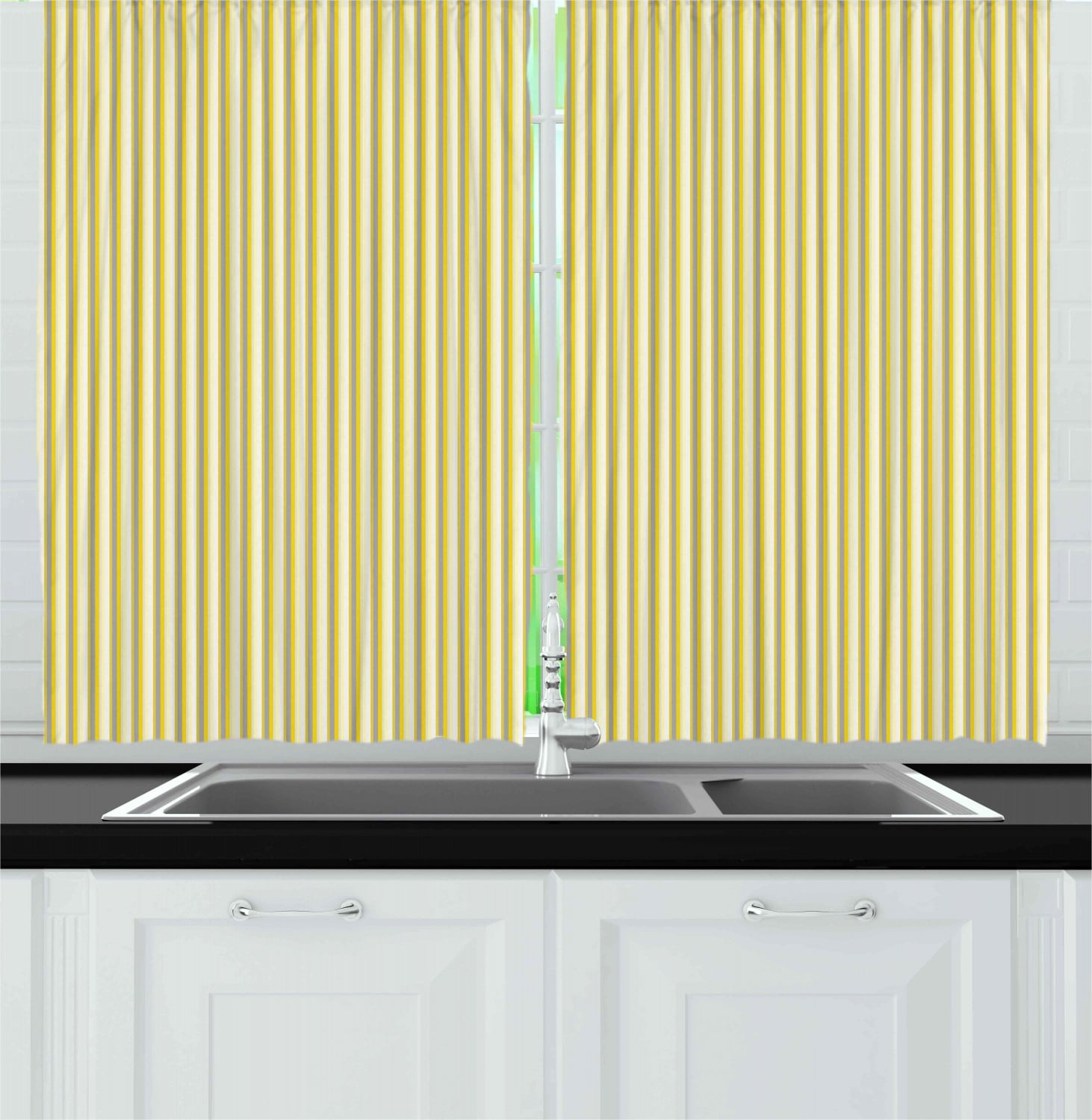 Grey and Yellow Curtains 2 Panels Set, Circus Tent Inspired Vintage Retro Stripes Modern Image, Window Drapes for Living Room Bedroom, 55W X 39L Inches, Pale Yellow Beige and White, by Ambesonne