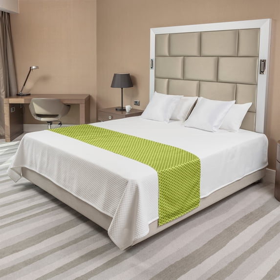 Retro Bed Runner, Continuous Abstract Pattern with Bicolour Geometric Nostalgic Motif, Decorative Accent Bedding Scarf for Hotels Homes and Guestrooms, King, Lime Green Pastel Yellow, by Ambesonne