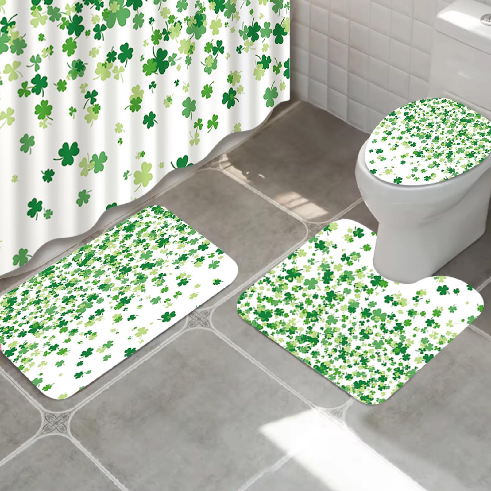 St. Patrick's Day Clover Shower Curtains With Toilet MatSet Of 4 Shamrocks Bath Curtains Set Of 4 With 12 Hooks Polyester Waterproof Bathroom Divider Curtain