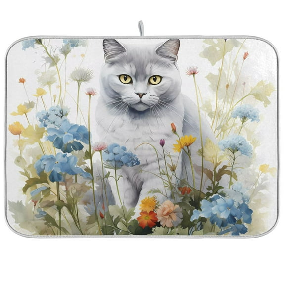 Cat in Colorful Flowers Dish Drying Mat Microfiber Kitchen Mats Large Counter Absorbent Dish Pad Drainer Rack 16"x18"