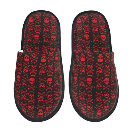 Balery Red Skulls With Crossbones Slient Indoor Furry Fleece Comfort House Shoes Soft Non-Slip Home Shoes Cotton slippers House Slippers-- Large