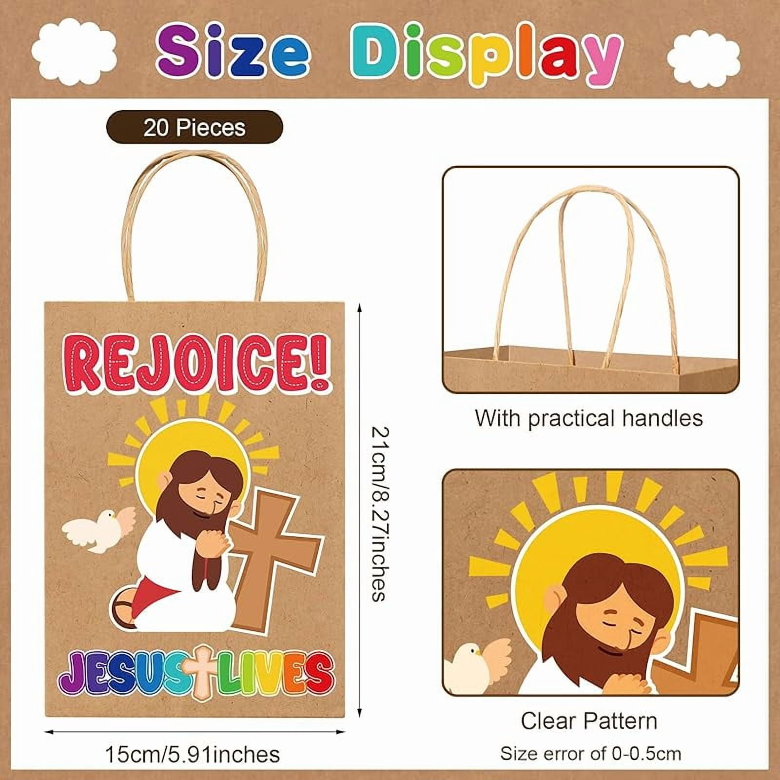 20 Pcs Easter Religious Gift Bags Bulk Christian Kraft Paper Rejoice Goody Bags with Handles Eggs Hunt Easter Theme Bible Sunday School Party Favor
