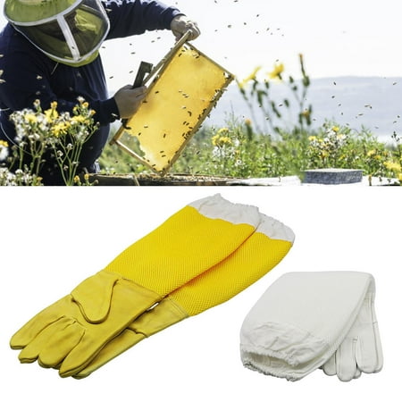 

Waroomhouse 1 Pair Beekeeping Gloves Breathable Puncture Resistance Anti-bee Faux Sheepskin Long Mesh Anti-bee Sting Gloves Working Tool