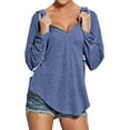 thumbnail image 3 of QAFOPEH Women Solid Color V-Neck Drawstring Hooded Scoop Hem Top, 3 of 7