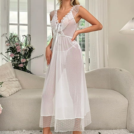BLTIBY Womens Erotic Lingerie Pajamas Sets Babydoll Dress Thong V Neck Solid Color Sleepwear Thin Sheer Nightgown Nightdress See-through Nightwear White XXL