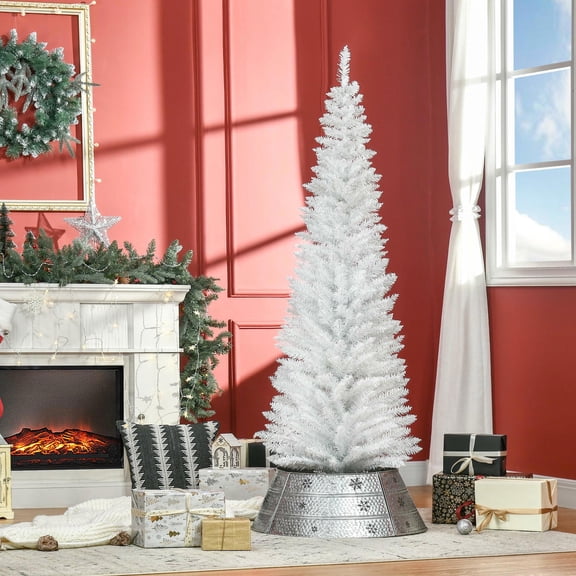 Topcobe 6' Artificial Pencil Christmas Tree, Slim Xmas Tree with 390 Realistic Branch Tips and Plastic Stand, Christmas Tree for Indoor Decoration, White