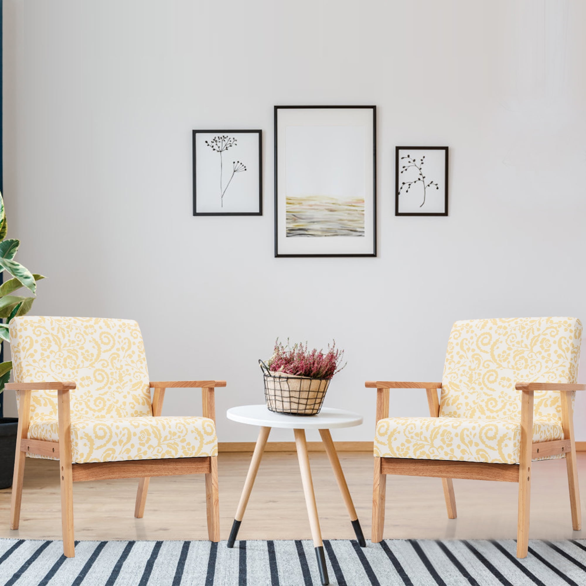Gymax 2PCS Home Office Accent Armchair Upholstered Chair w/ Wooden Frame Yellow
