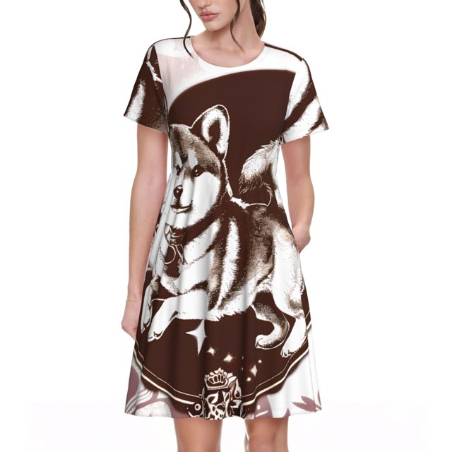 Easygdp Vintage Husky Dog para Vestido Transpirable de Mujer, Vestido Suelto de Manga Corta con Pliegues y Bolsillos para el Verano