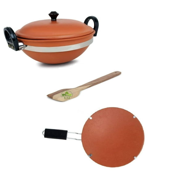 Handmade Clay Kadhai With Lid + Terracotta Clay Tawa With Wooden Spatula Combo For Cooking 2.5 Liters
