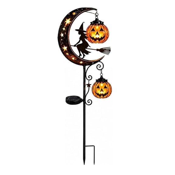 Halloween Solar Moon Stake Light, Metal Cat Ghost Witch Garden Pathway Light with Pumpkin Lantern Design, Outdoor Yard Lawn Decoration