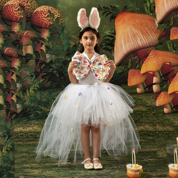 JUoaLXG Toddler Girls Casual Dresses Summer Easter Bunny Princess Cute Rabbit Ears Party Mesh Tufted Dress Outwear,White,6-7 Years