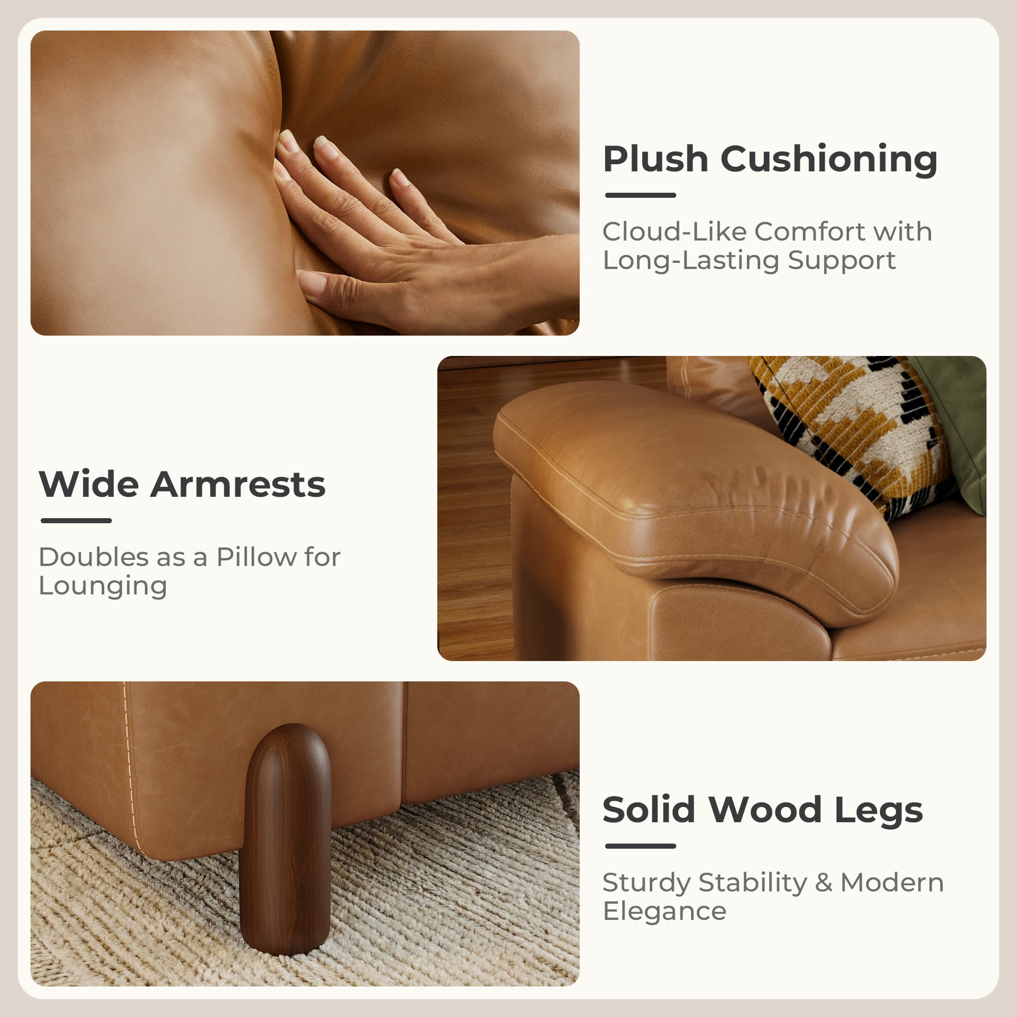 Modular Sectional Sofa with Removable Washable Covers, Oversized Deep Seat 3 Seater Couch, Pet-Friendly Leather in Brown
