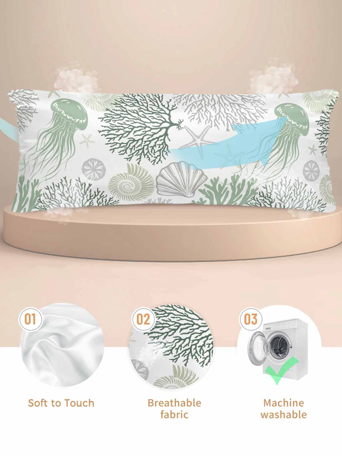 Sage Green Coastal Pillow Cases Body Size, Smooth Satin Pillowcase for Hair and Skin, Coral Jellyfish Nautical Decorative Cooling Bed Pillow Covers with Zipper, 20x54 Inches