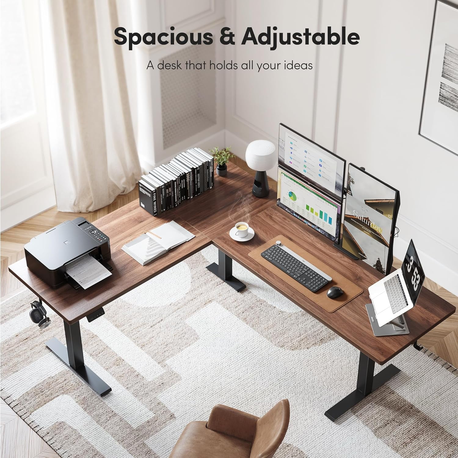 DESINO L-Shaped Standing Desk Adjustable Height, 63 Inch Electric Stand up Corner Computer Desk, Sit Stand Home Office Desk with Splice Board, Light Rustic Brown