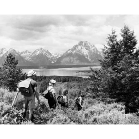 Rear view of a mid adult couple hiking with their children in a forest Grand Teton National Park Wyoming USA Stretched Canvas -  (18 x