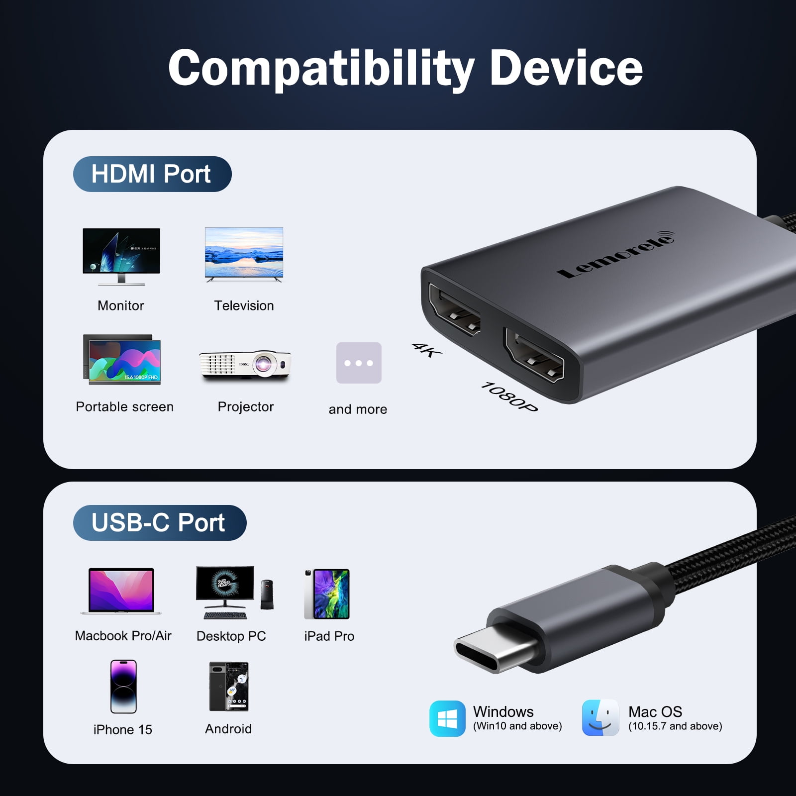 Lemorele 4k Dual HDMI Adapter with 60w Fast Charging, USB C to HDMI Converter, Mac/Windows Triple Display Adapter