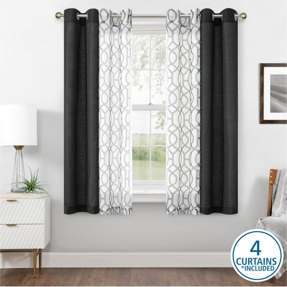 Mainstays Kingswood Solid and Printed Sheer Grommet Curtain Panel Set, 4 Piece, Black, 27.5" W x 63" L