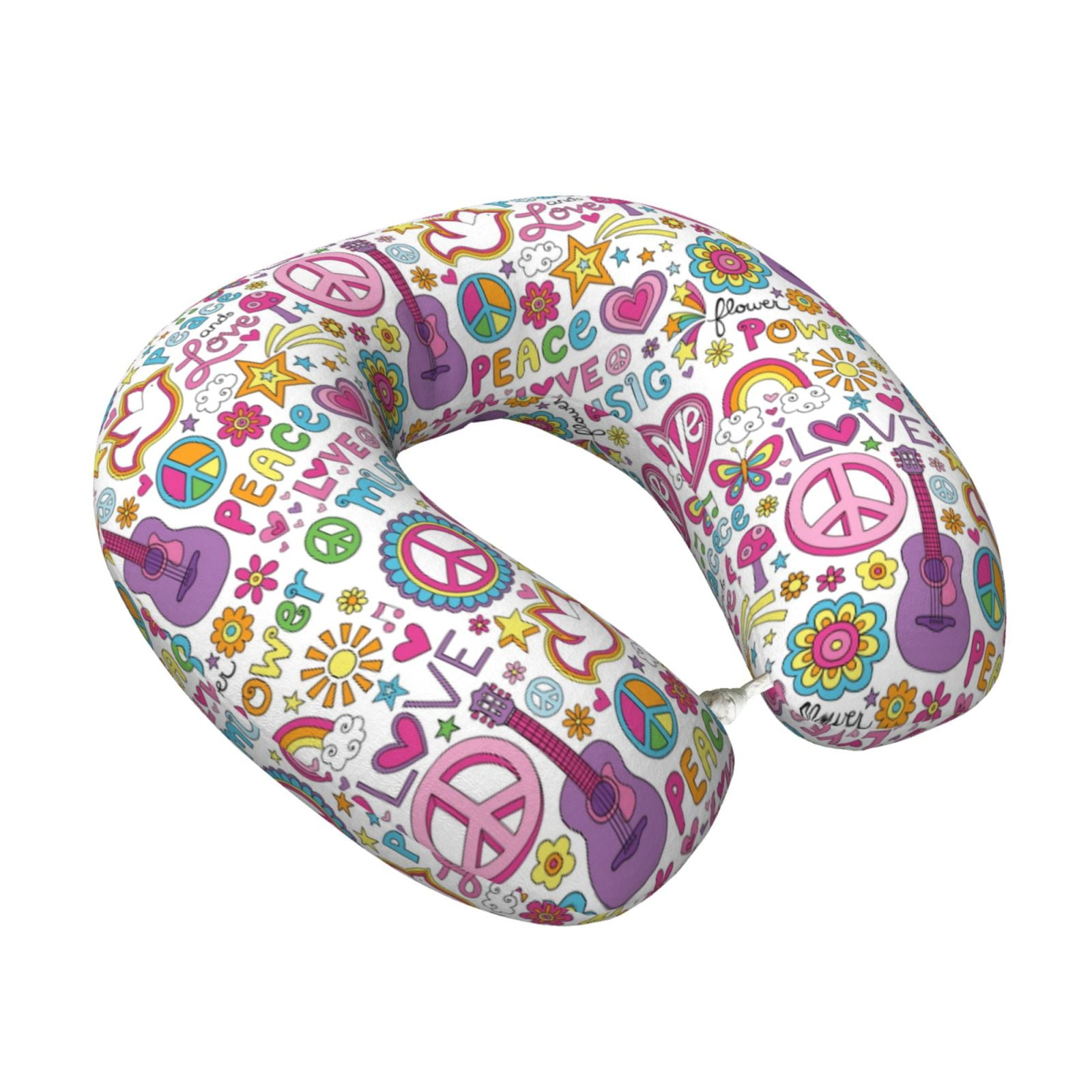 Xecao Peace Love and Dove Flower Power Print Memory Foam Cervical Neck Pillow Versatile U-Shaped Pillows for Home,Office,Camping,Travelling,Soft Washable Cover