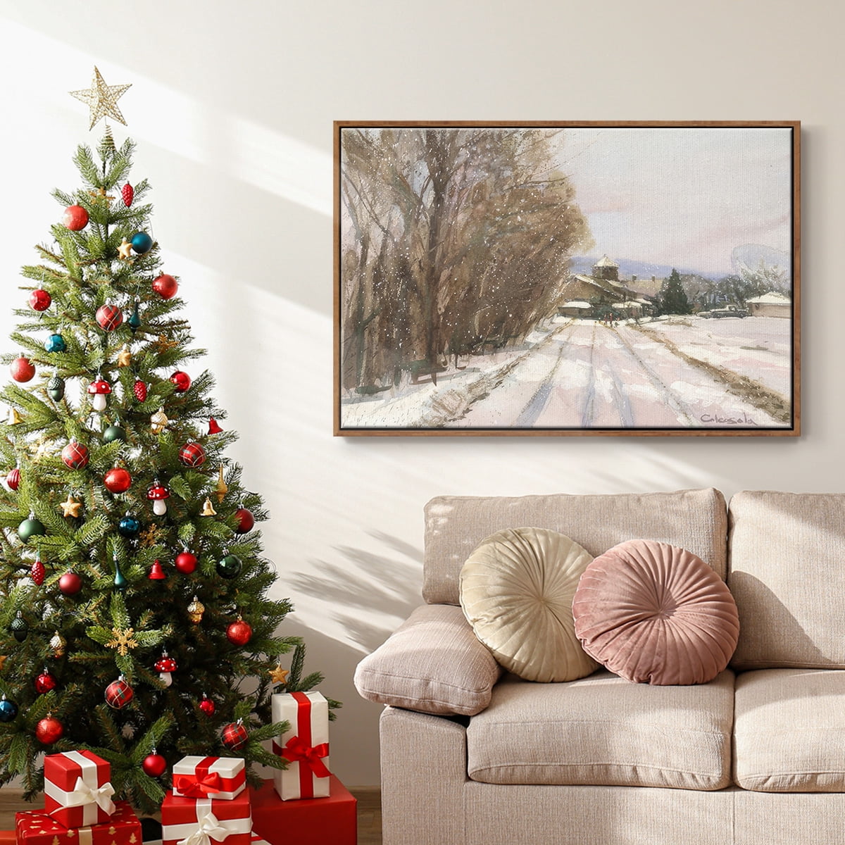Indian Orchard Greek Orthodox Church - Framed Gallery Wrapped Holiday Canvas - 17 x 25 - Rosewood Frame