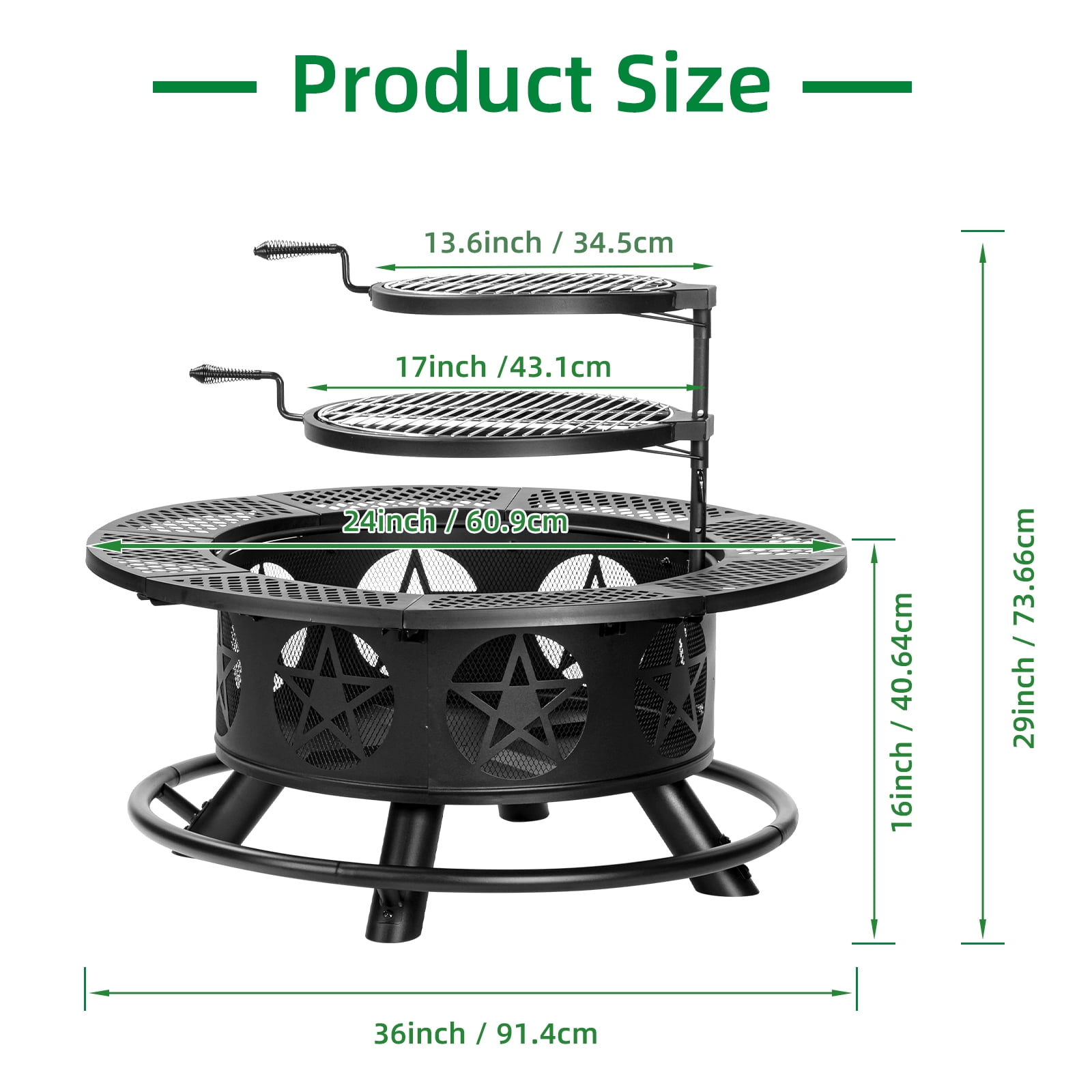 MistMo 36 inch Round Fire Pit with Grills, Wood Burning Fire Pits with Metal Lid for Outside Bonfire Outdoor Patio and Party