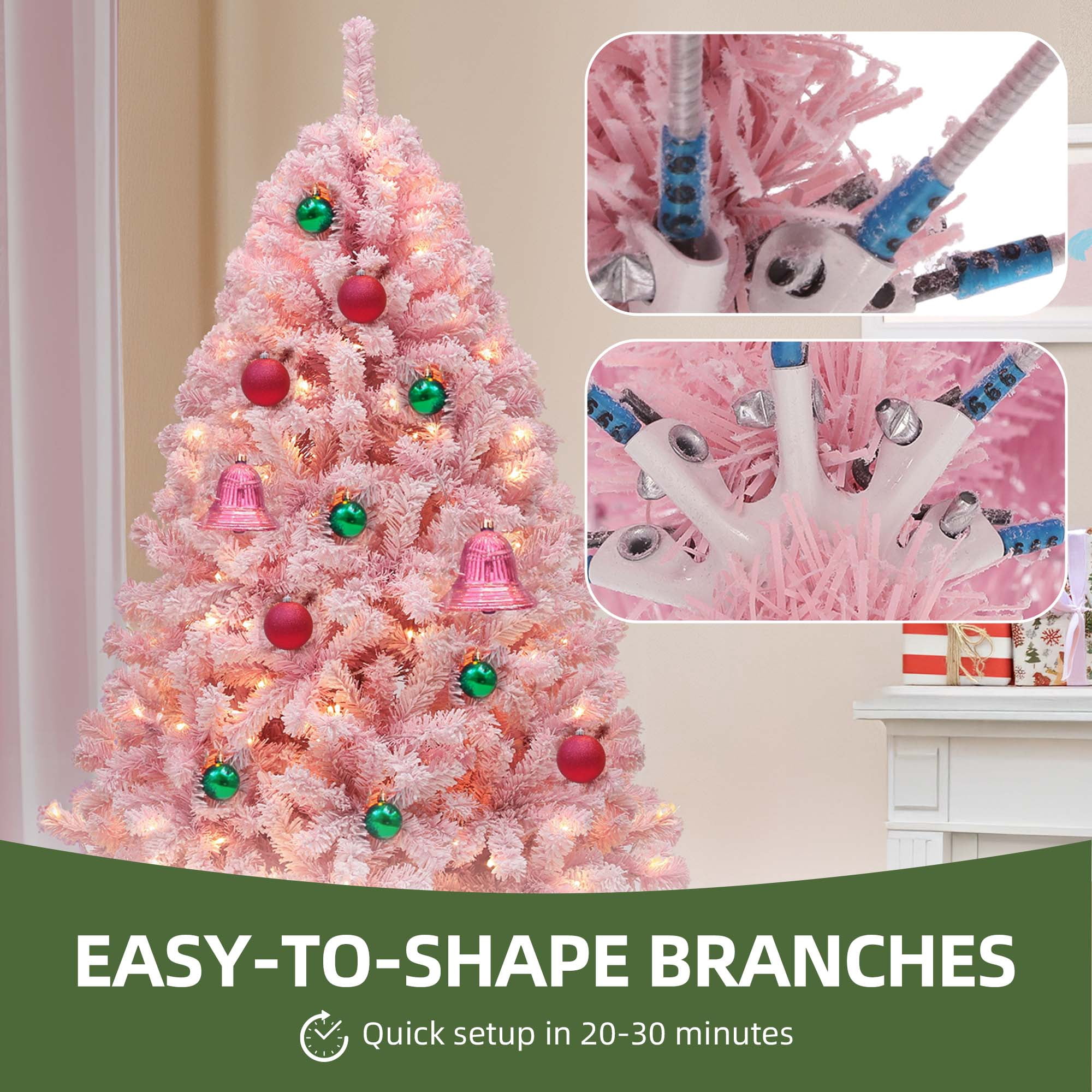 Uforic 6ft Pre-Lit Pink Artificial Christmas Tree, Flocked Spruce Artificial Christmas Tree with 928 PVC Tips and 250 Lights, Pink