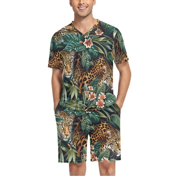 joogoo Men's Pajama Set Leopards Tropical V-Neck Pj Shorts Set 2 Piece Loungewear Sleepwear L