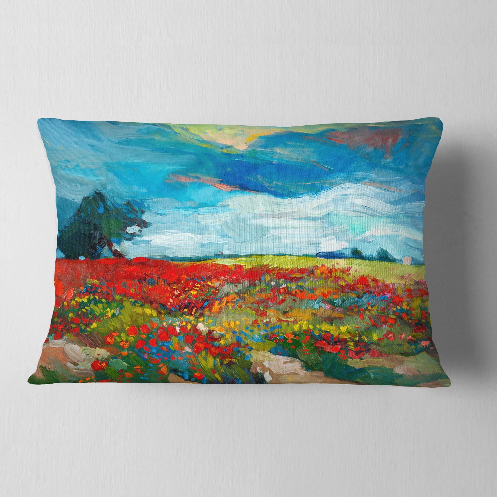 Designart Colorful Flower Fields - Landscape Painting Throw Pillow - 12x20