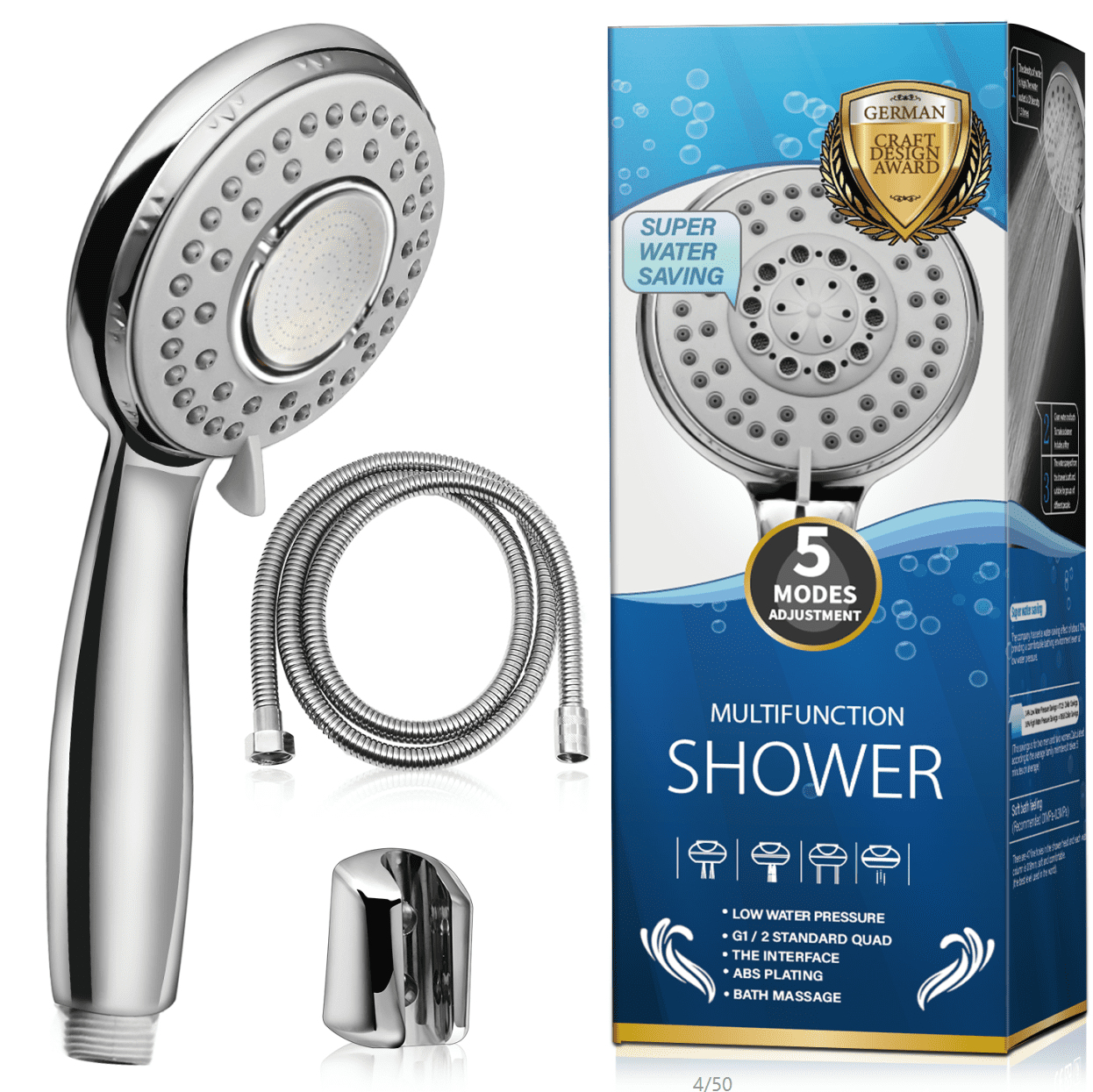 Shower Head, 5 Settings Rain Shower Head with Handheld, High Pressure Anti-Leak