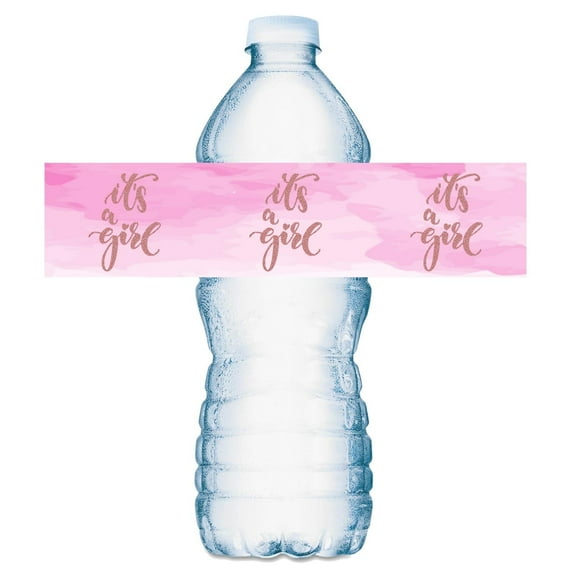 25 Its a Girl Pink Background Water Bottle Labels; Baby Shower or Sprinkle Event Party Waterproof Glossy Wrappers; Stickers Labels Tabletop Decorations. Made in USA
