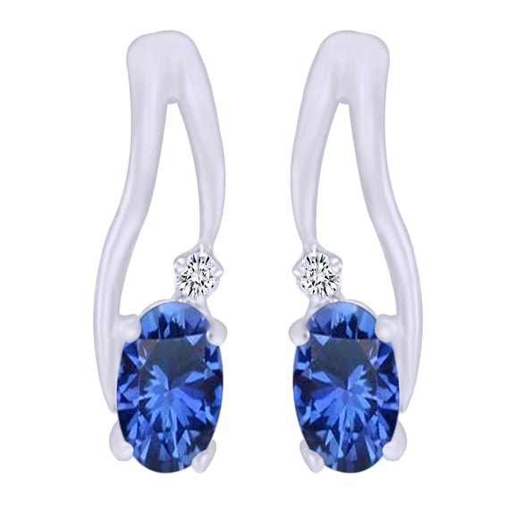 AFFY Oval Cut Simulated Blue Sapphire With Natural Diamond Wave Drop Earrings In 14K Solid White Gold