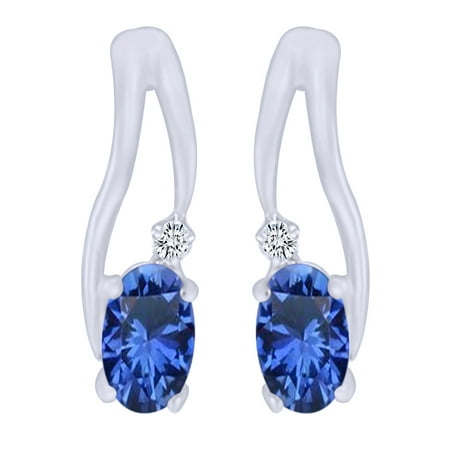 Cut Blue Sapphire Earrings - Oval Cut Simulated Blue Sapphire With Natural Diamond Wave Drop Earrings In 14K Solid White Gold