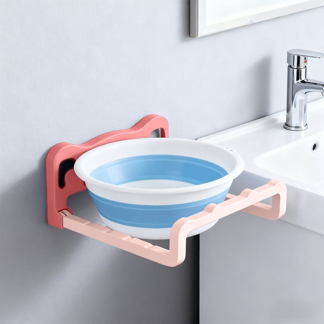 Foldable Wall Mounted Basin Holder, Space Saving Storage Rack, Strong Adhesive, No Drill Installation for Bathroom Kitchen Organization, Red